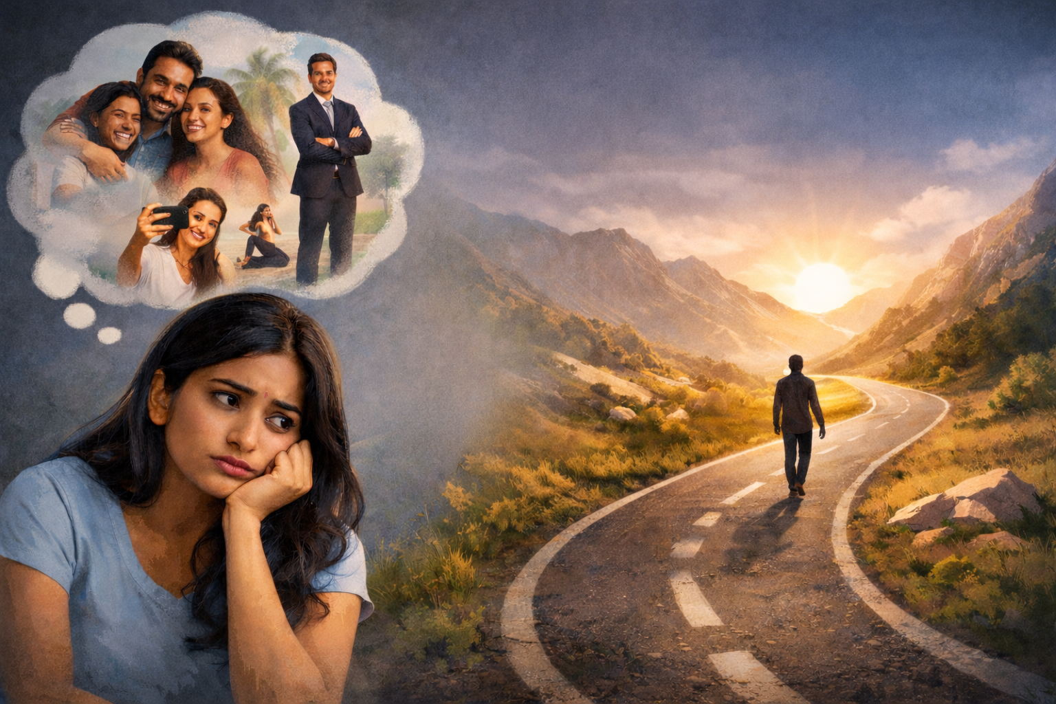 डोंगररांगांमधील वळणदार रस्त्यावर सूर्योदयाच्या दिशेने चालणारी एक व्यक्ती आणि दूरवर पसरलेला शांत निसर्ग.